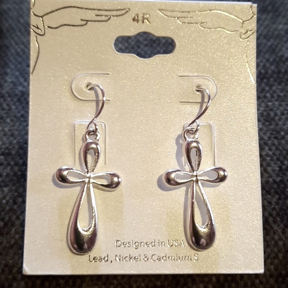 Silver Cross Open Stylized Dangle Earrings Designer Religious New - Picture 1 of 3